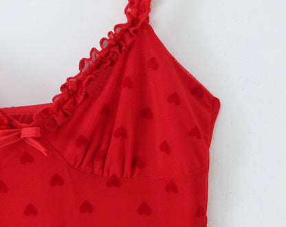Women Clothing Retro Easy Matching Love Polka Dot Ruffled Shoulder Strap V neck Strap Dress by Ragazza