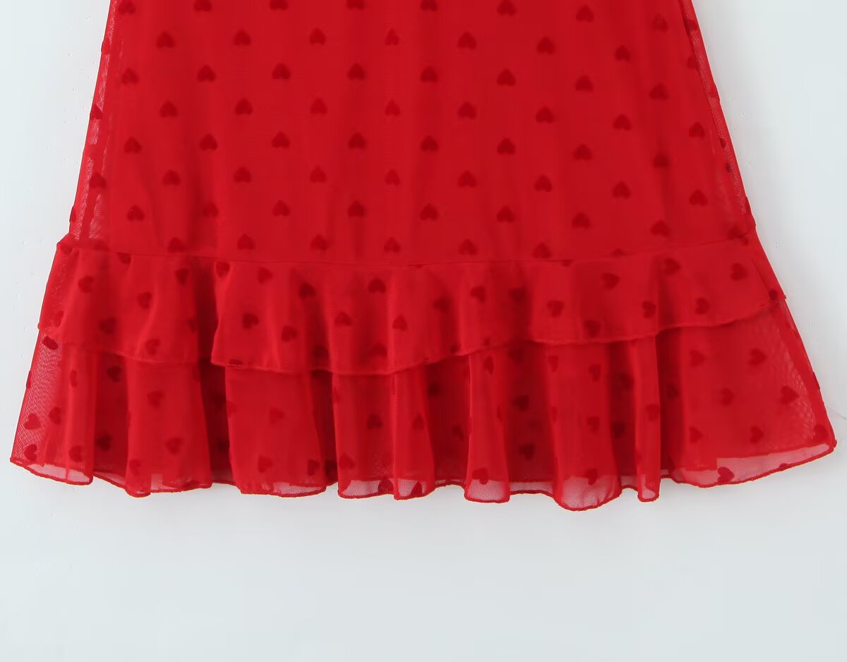 Women Clothing Retro Easy Matching Love Polka Dot Ruffled Shoulder Strap V neck Strap Dress by Ragazza