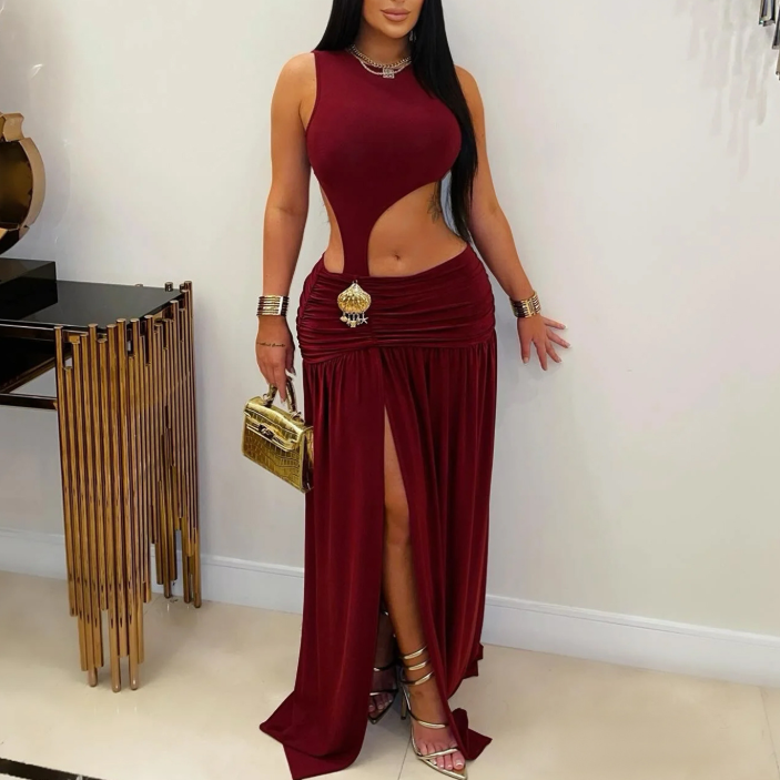 Women Wear Sexy Solid Color Sleeveless Cropped Split Dress