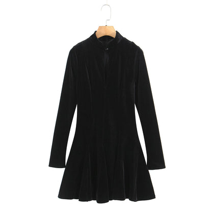 Women Clothing Velvet Stand up Collar Slim Fit A line Black Dress Minimalist Long Sleeve Comfortable Mini Dress by Ragazza