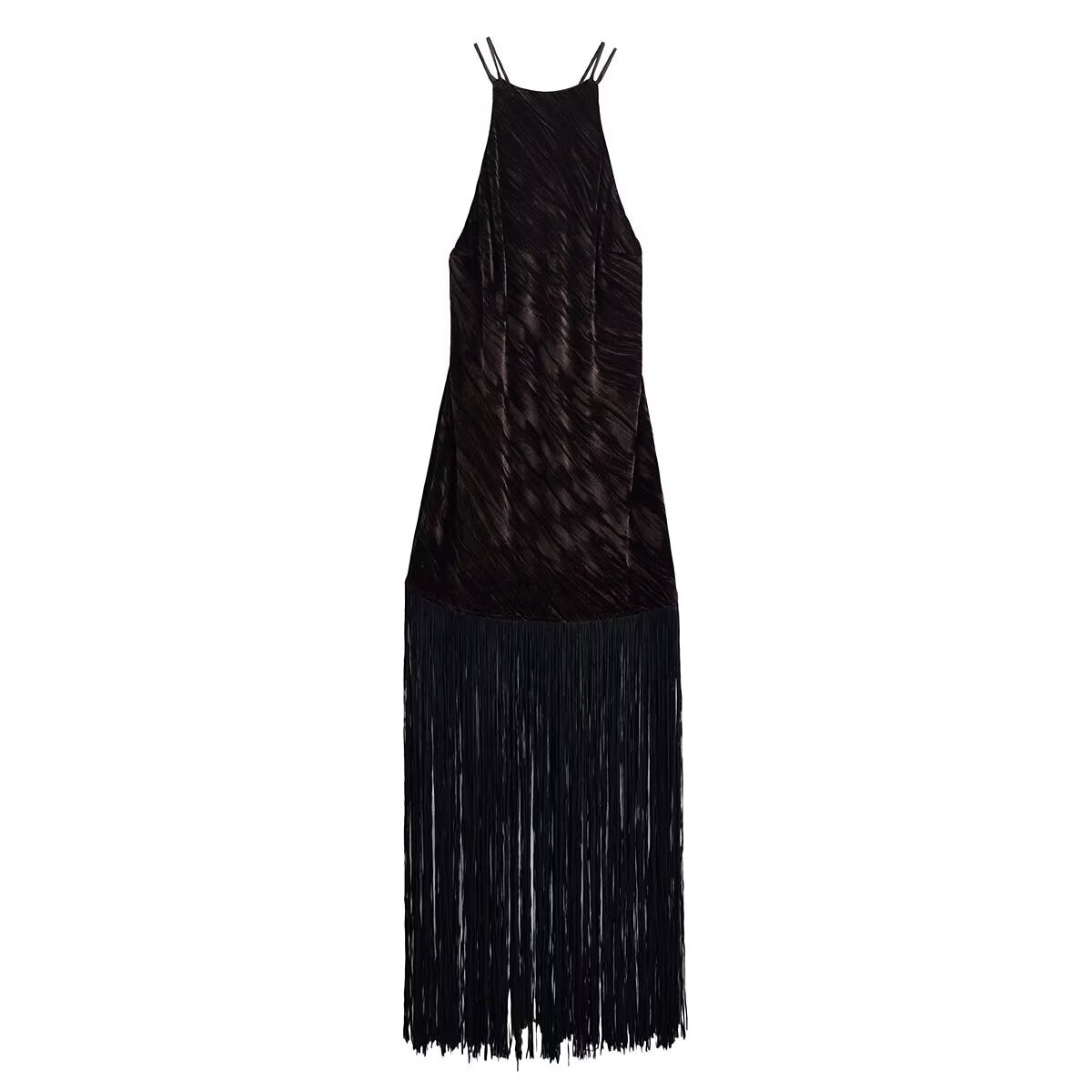 Women Clothing Hanging Collar Velvet Tassel Mid Length Midi Dress by Ragazza