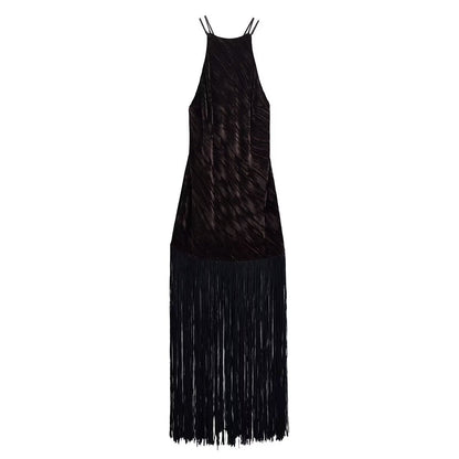 Women Clothing Hanging Collar Velvet Tassel Mid Length Midi Dress by Ragazza