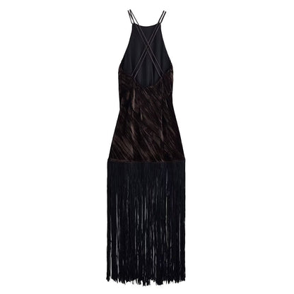 Women Clothing Hanging Collar Velvet Tassel Mid Length Midi Dress by Ragazza