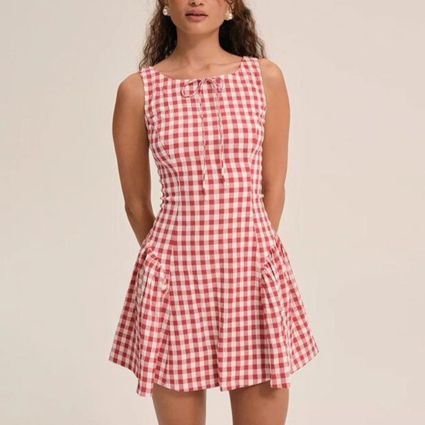 Retro Small Pleated Waist Tight Suspender Plaid Dress Temperamental Minority Sleeveless Sexy Short Dress by Ragazza