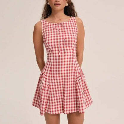 Retro Small Pleated Waist Tight Suspender Plaid Dress Temperamental Minority Sleeveless Sexy Short Dress by Ragazza