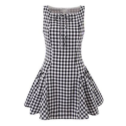 Retro Small Pleated Waist Tight Suspender Plaid Dress Temperamental Minority Sleeveless Sexy Short Dress by Ragazza