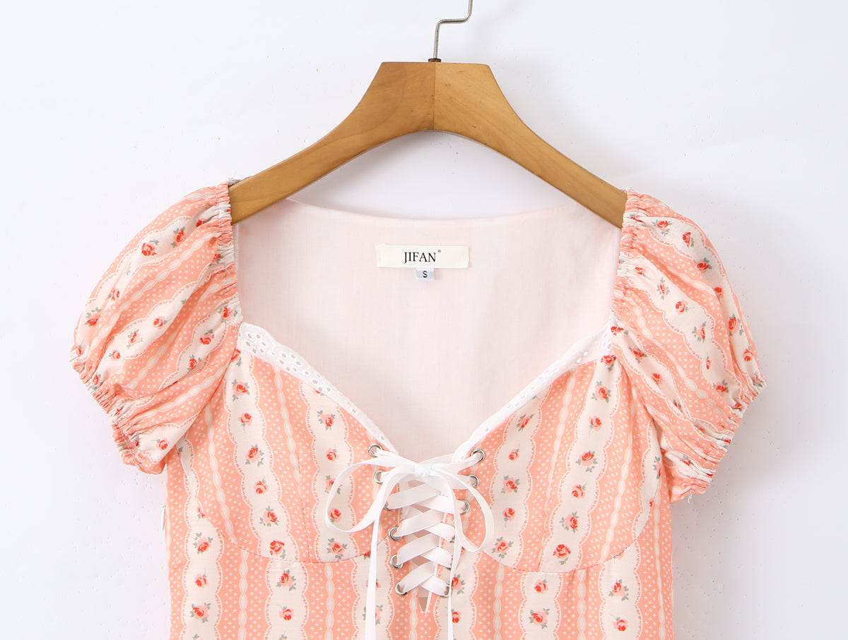 French Girlish Fresh Sweet Lace Strap Printing Slim Fit Short Dress by Ragazza