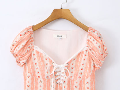 French Girlish Fresh Sweet Lace Strap Printing Slim Fit Short Dress by Ragazza