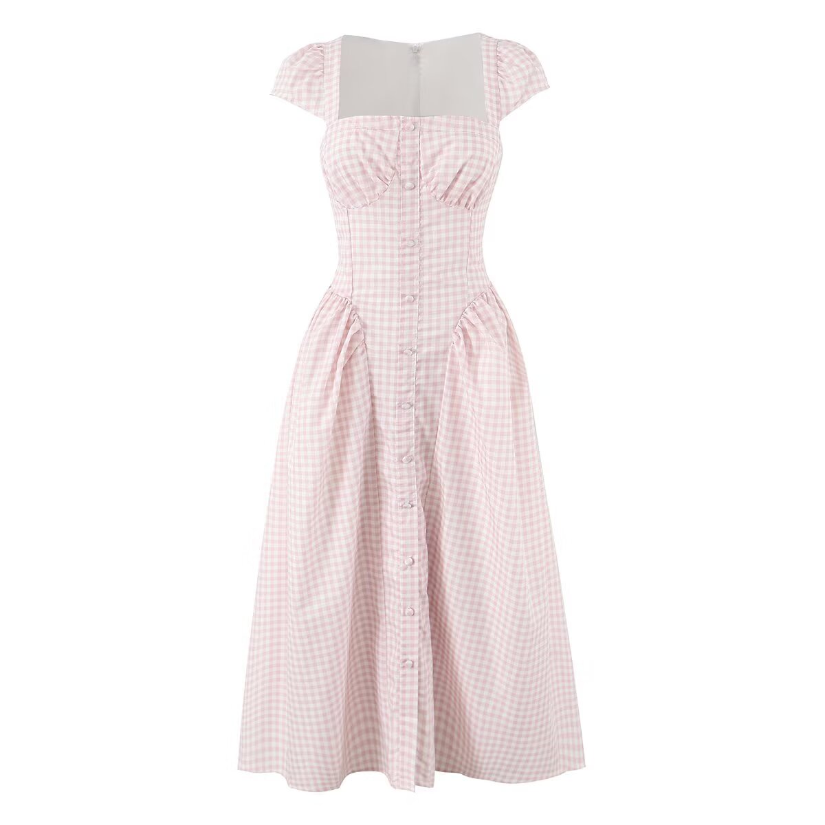 Women Pink Plaid Square Collar Short Sleeve Dress Autumn Tight Waist Slim Single Breasted Maxi Dress by Ragazza