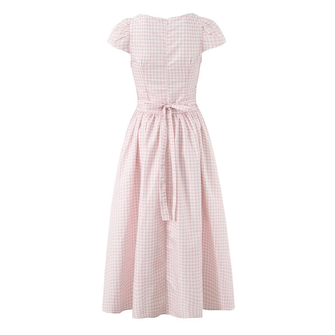 Women Pink Plaid Square Collar Short Sleeve Dress Autumn Tight Waist Slim Single Breasted Maxi Dress by Ragazza