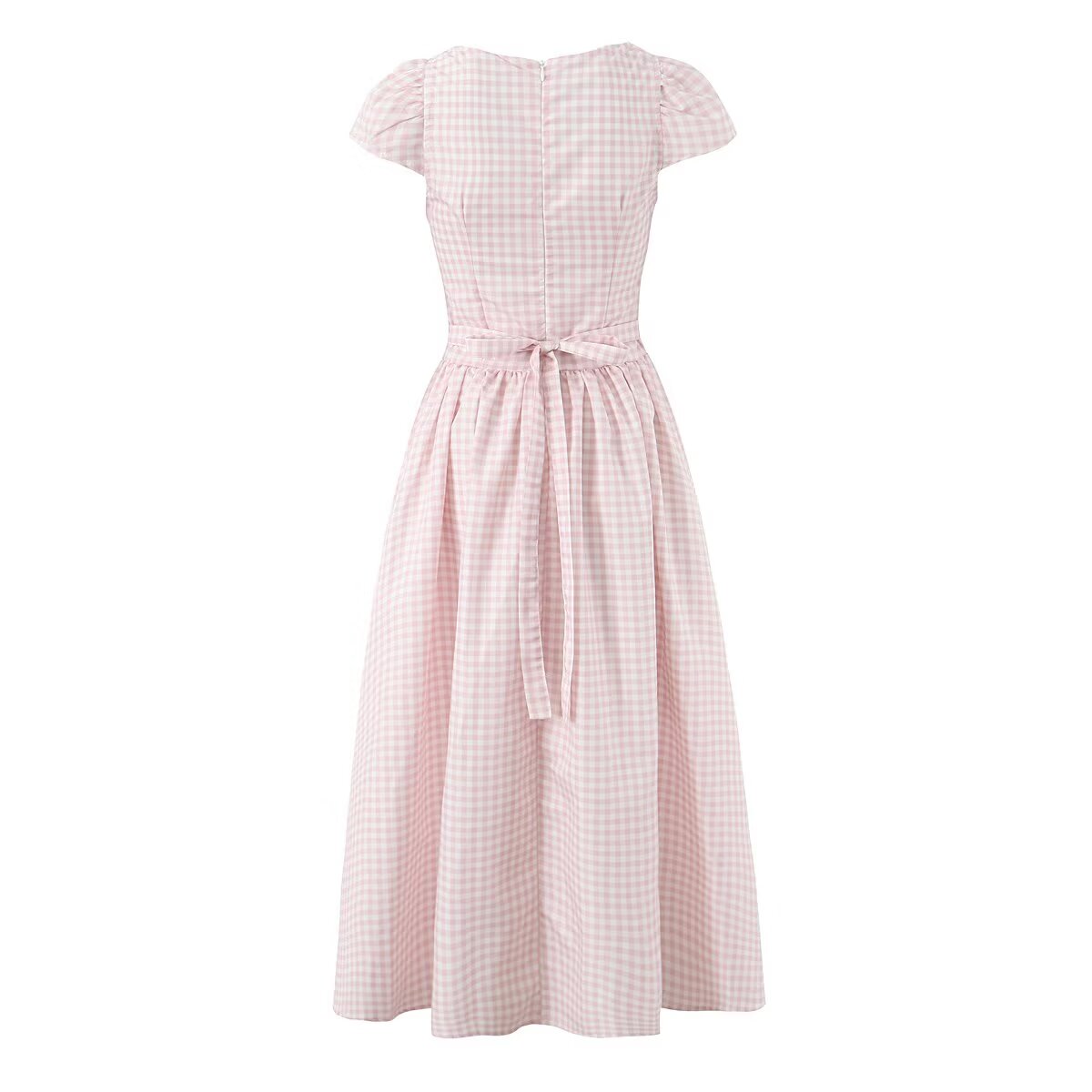 Women Pink Plaid Square Collar Short Sleeve Dress Autumn Tight Waist Slim Single Breasted Maxi Dress by Ragazza