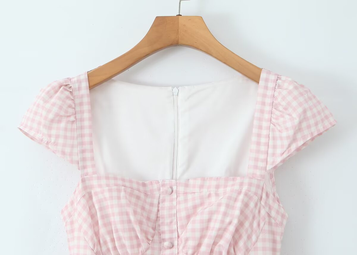 Women Pink Plaid Square Collar Short Sleeve Dress Autumn Tight Waist Slim Single Breasted Maxi Dress by Ragazza