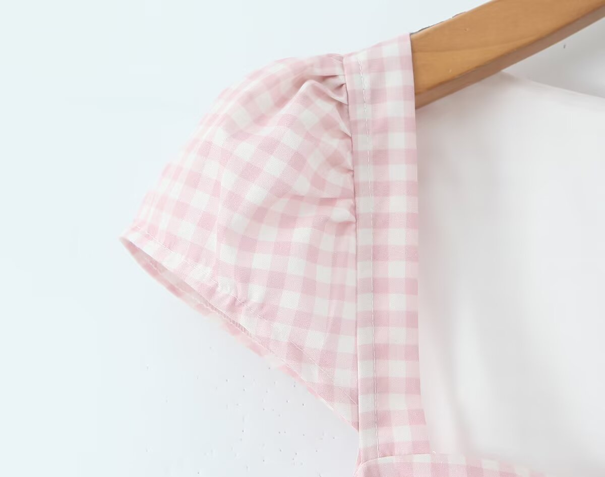 Women Pink Plaid Square Collar Short Sleeve Dress Autumn Tight Waist Slim Single Breasted Maxi Dress by Ragazza