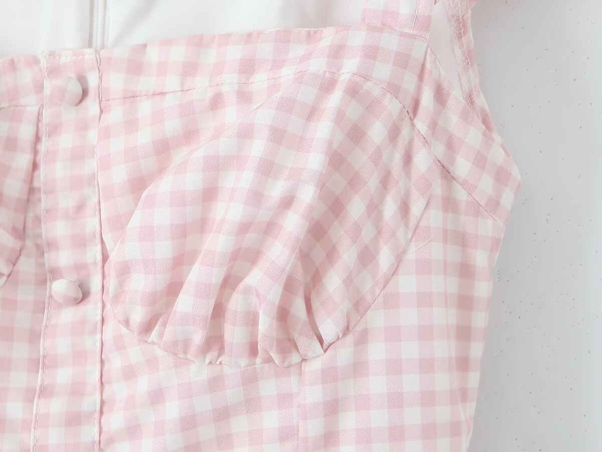 Women Pink Plaid Square Collar Short Sleeve Dress Autumn Tight Waist Slim Single Breasted Maxi Dress by Ragazza