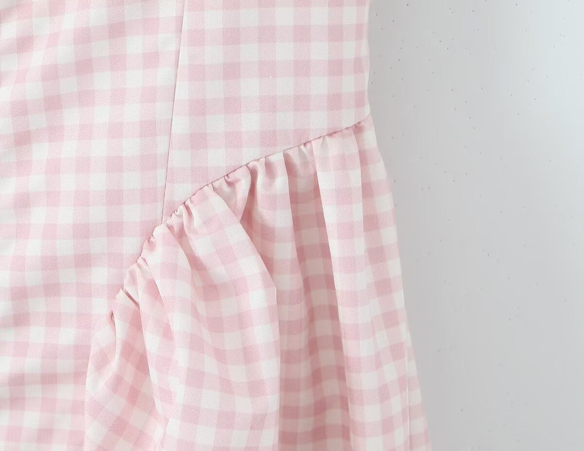 Women Pink Plaid Square Collar Short Sleeve Dress Autumn Tight Waist Slim Single Breasted Maxi Dress by Ragazza