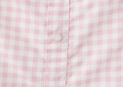 Women Pink Plaid Square Collar Short Sleeve Dress Autumn Tight Waist Slim Single Breasted Maxi Dress by Ragazza