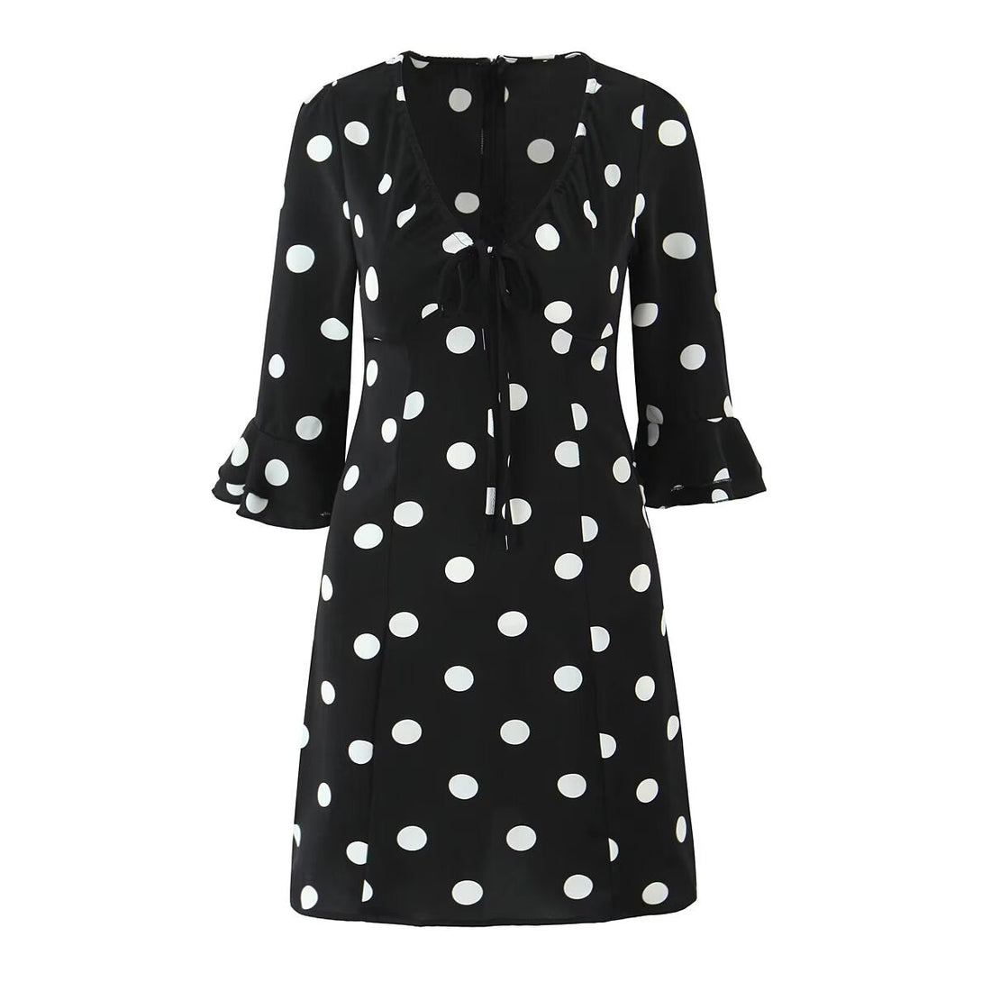 French Retro Dots Dress Women Holiday V neck Slim-Fit Flared Sleeves Slimming A line Dress by Ragazza