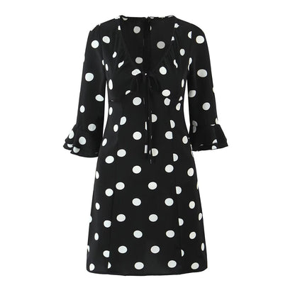 French Retro Dots Dress Women Holiday V neck Slim-Fit Flared Sleeves Slimming A line Dress by Ragazza