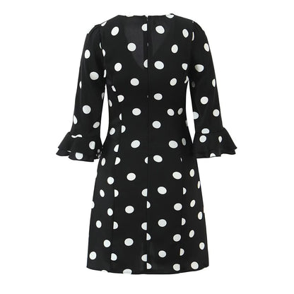 French Retro Dots Dress Women Holiday V neck Slim-Fit Flared Sleeves Slimming A line Dress by Ragazza