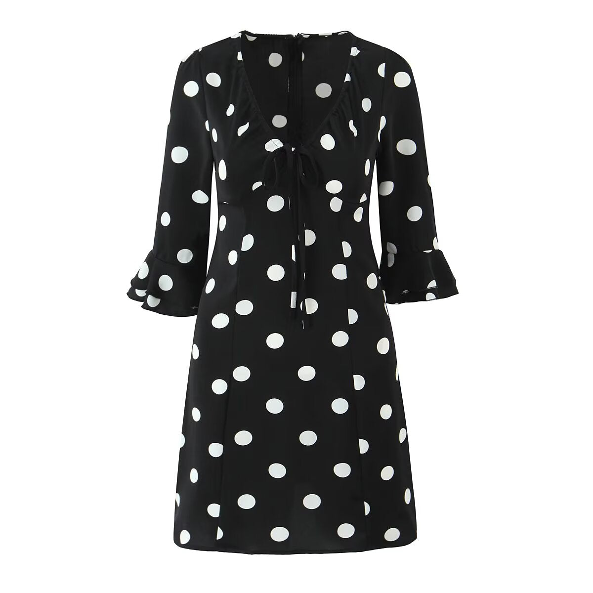 French Retro Dots Dress Women Holiday V neck Slim-Fit Flared Sleeves Slimming A line Dress by Ragazza