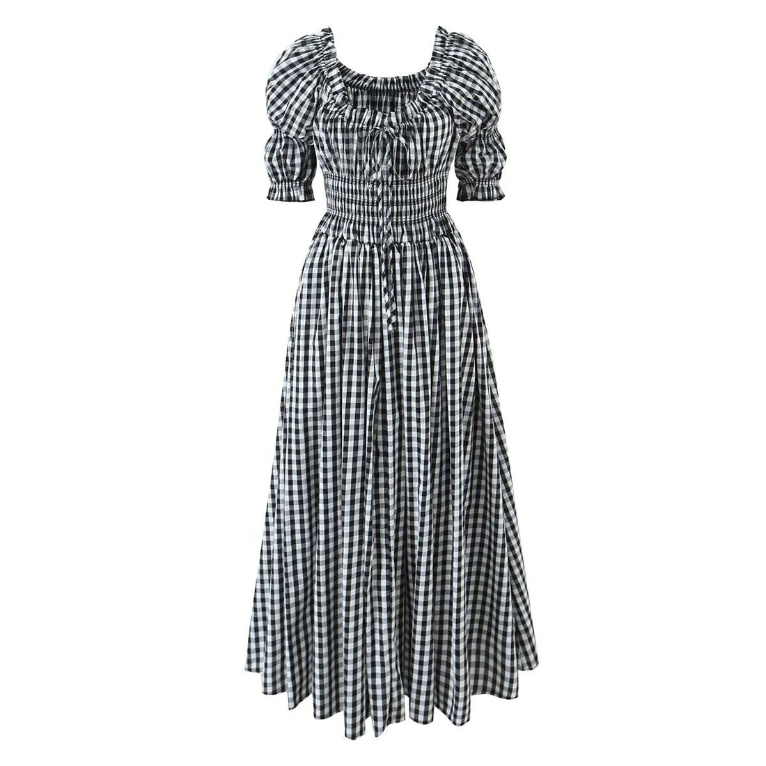 French Retro Minority Design High Waist Color Contrast Check Maxi Dress Women Elastic Waist Puff Sleeve Dress by Ragazza