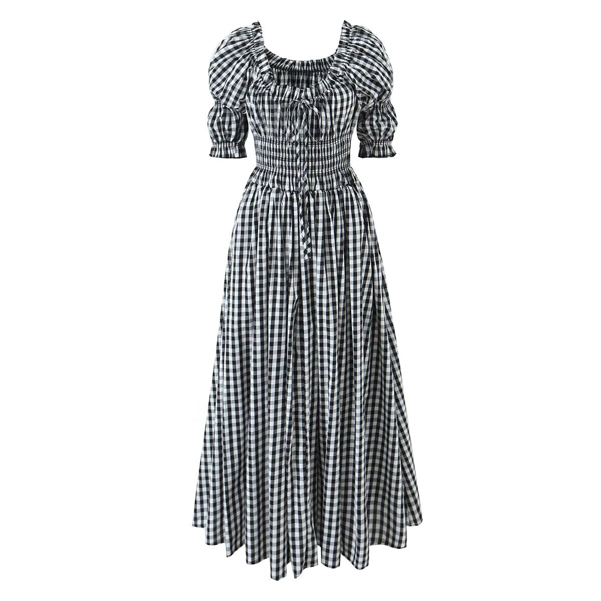 French Retro Minority Design High Waist Color Contrast Check Maxi Dress Women Elastic Waist Puff Sleeve Dress by Ragazza