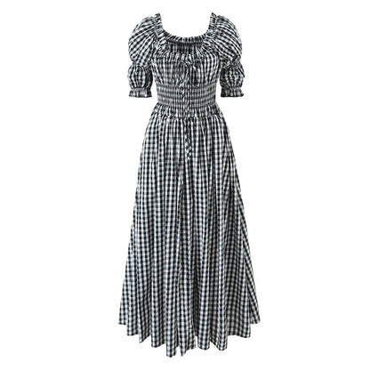 French Retro Minority Design High Waist Color Contrast Check Maxi Dress Women Elastic Waist Puff Sleeve Dress by Ragazza