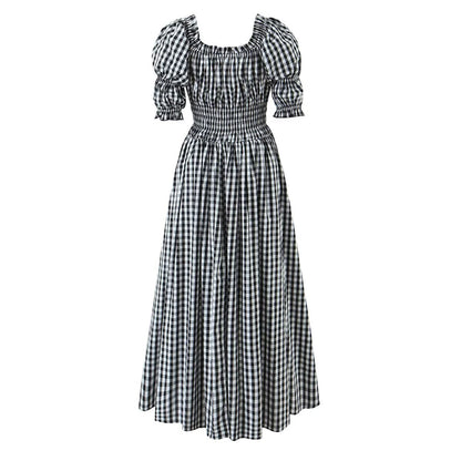 French Retro Minority Design High Waist Color Contrast Check Maxi Dress Women Elastic Waist Puff Sleeve Dress by Ragazza