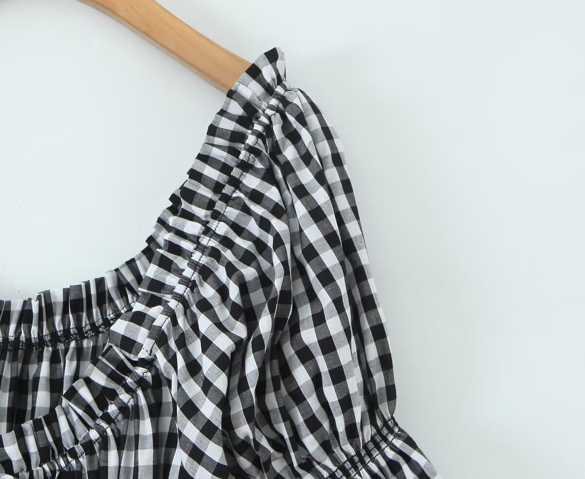 French Retro Minority Design High Waist Color Contrast Check Maxi Dress Women Elastic Waist Puff Sleeve Dress by Ragazza