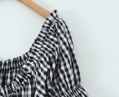 French Retro Minority Design High Waist Color Contrast Check Maxi Dress Women Elastic Waist Puff Sleeve Dress by Ragazza
