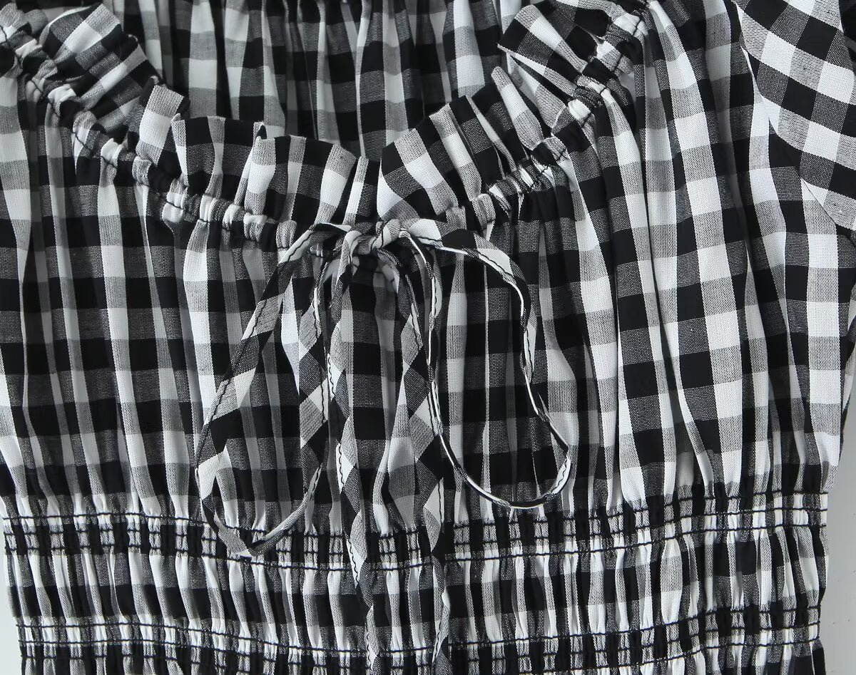 French Retro Minority Design High Waist Color Contrast Check Maxi Dress Women Elastic Waist Puff Sleeve Dress by Ragazza