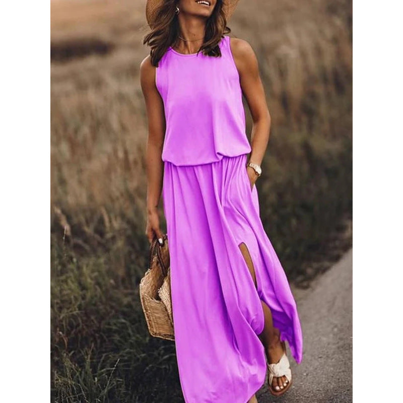 Spring Summer Women Clothing round Neck Sleeveless Dress Split Solid Color Casual Office Dress by Ragazza