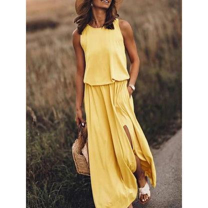 Spring Summer Women Clothing round Neck Sleeveless Dress Split Solid Color Casual Office Dress by Ragazza