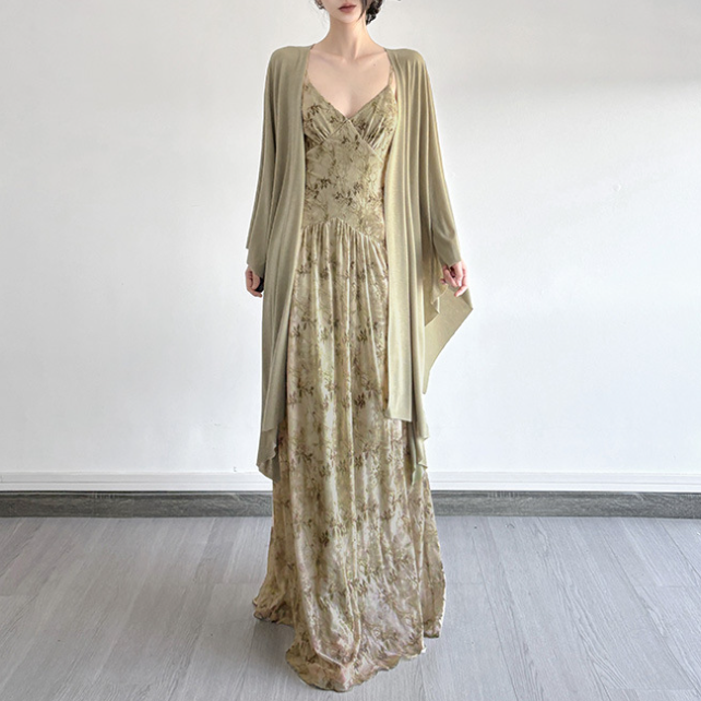 Retro Mori Green Dress Slimming Batwing Sleeves Sun Protection Cardigan Cinched Slimming Maxi Dress Two Piece Sets by Ragazza