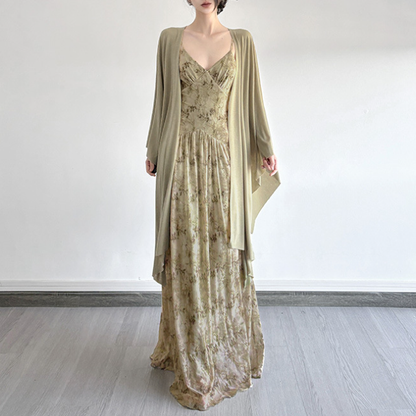 Retro Mori Green Dress Slimming Batwing Sleeves Sun Protection Cardigan Cinched Slimming Maxi Dress Two Piece Sets by Ragazza