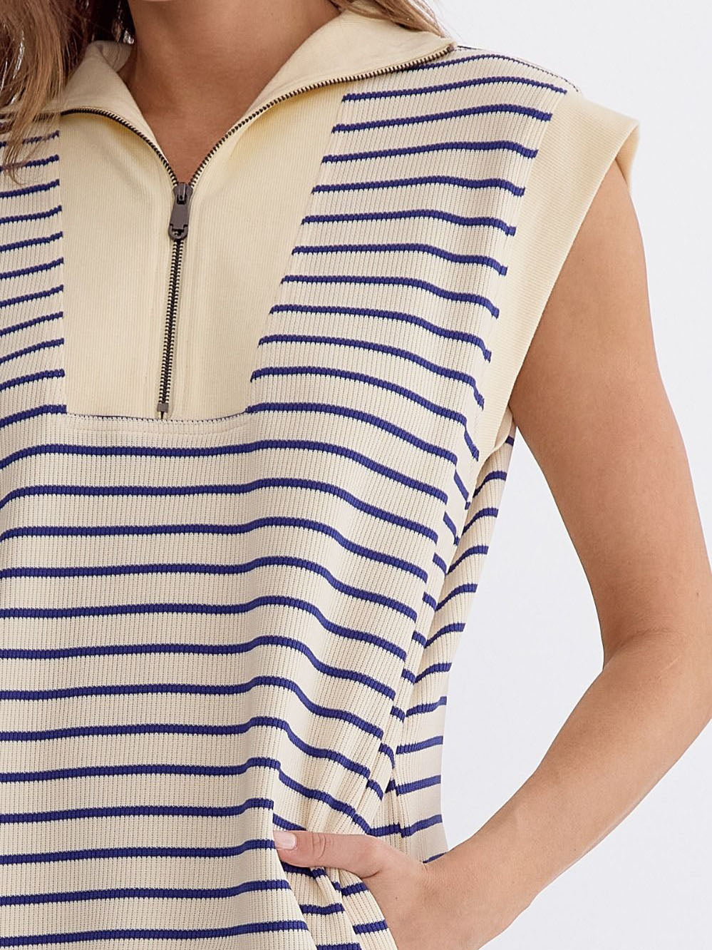 Ladies Summer Sleeveless Cotton Knitted Striped Color Matching Zipper Pocket Dress by Ragazza