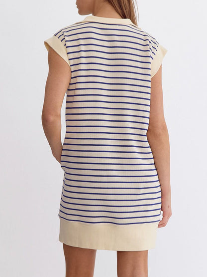 Ladies Summer Sleeveless Cotton Knitted Striped Color Matching Zipper Pocket Dress by Ragazza