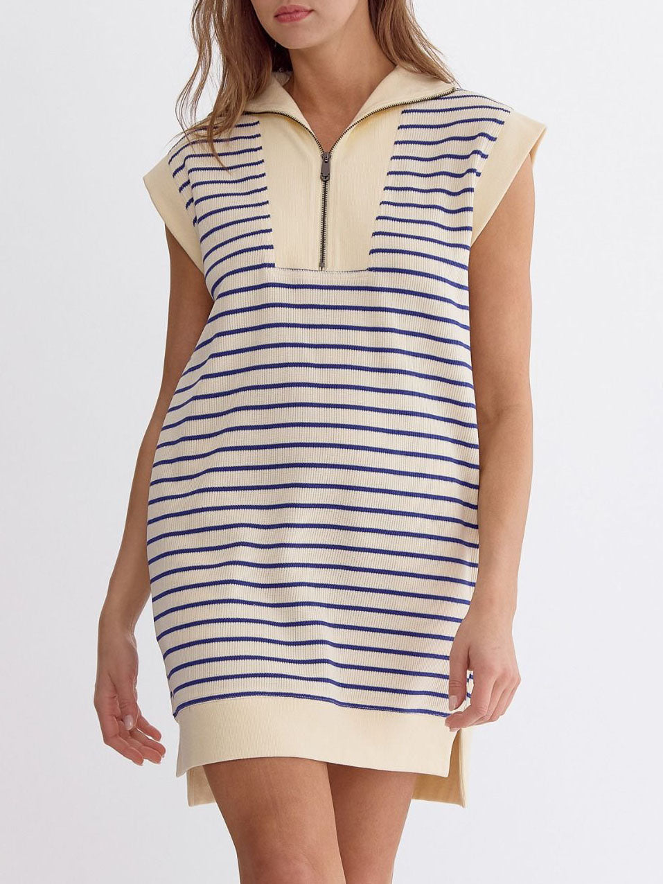 Ladies Summer Sleeveless Cotton Knitted Striped Color Matching Zipper Pocket Dress by Ragazza