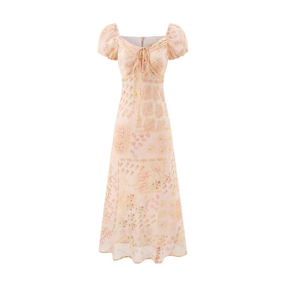 Retro Square Collar Lace up Bubble Sleeve Printed Dress Autumn High Waist Slim Slimming Vacation Maxi Dress by Ragazza