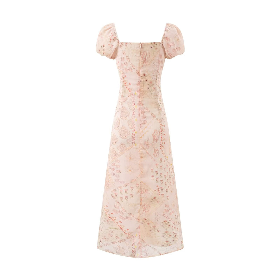 Retro Square Collar Lace up Bubble Sleeve Printed Dress Autumn High Waist Slim Slimming Vacation Maxi Dress by Ragazza