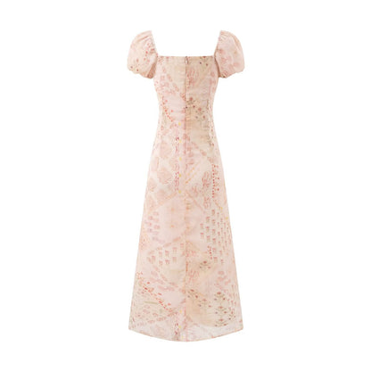Retro Square Collar Lace up Bubble Sleeve Printed Dress Autumn High Waist Slim Slimming Vacation Maxi Dress by Ragazza