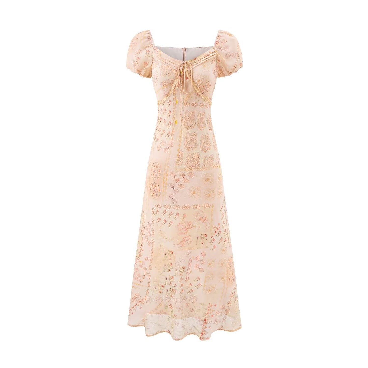 Retro Square Collar Lace up Bubble Sleeve Printed Dress Autumn High Waist Slim Slimming Vacation Maxi Dress by Ragazza