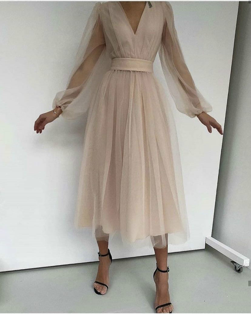 Sexy Deep V Plunge Plunge Mesh Bubble Long Sleeve Dress Slim Waist Dress by Ragazza
