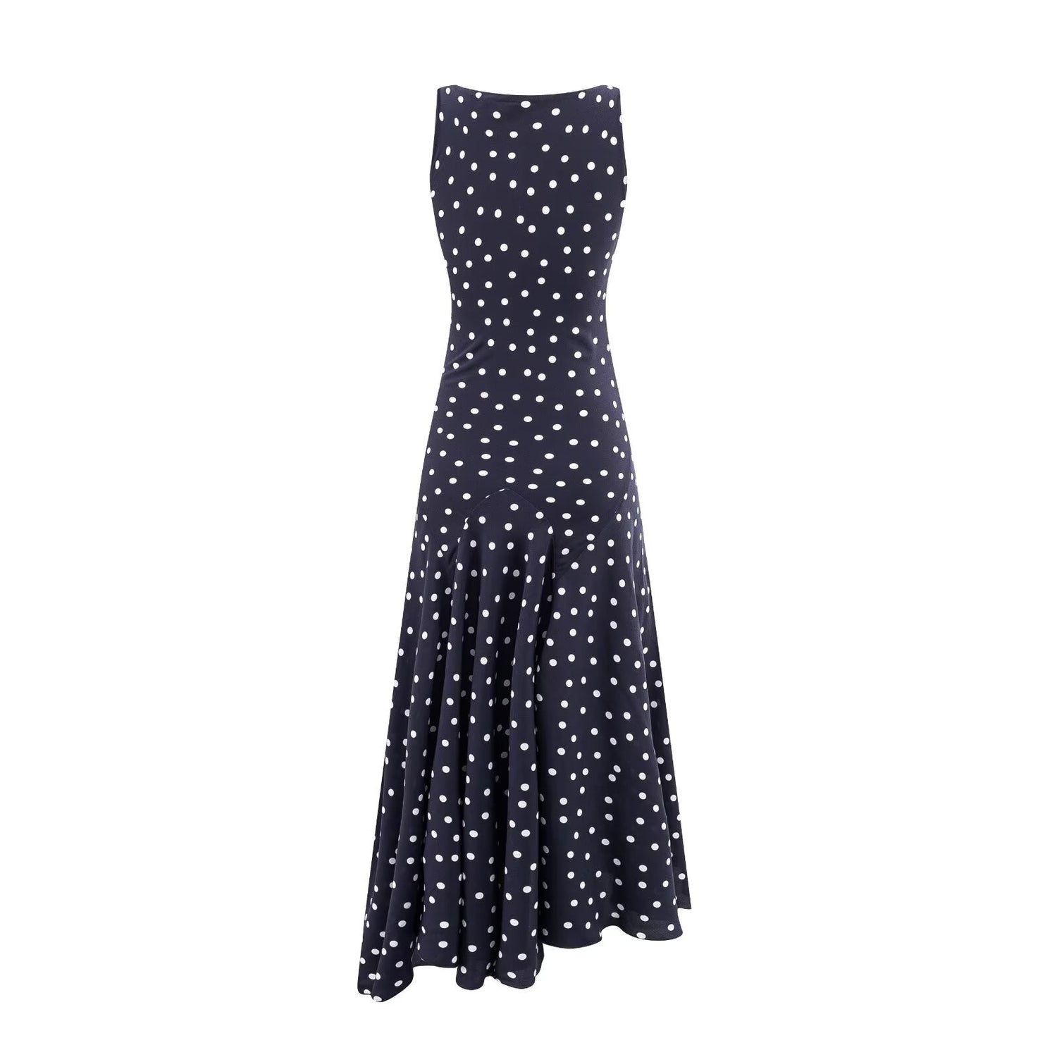Mature Retro Square Collar Fitted Waist Polka Dots Dress Women Summer Sleeveless Slim Fitting Patchwork Irregular Asymmetric Polka Dot Maxi Dress by Ragazza