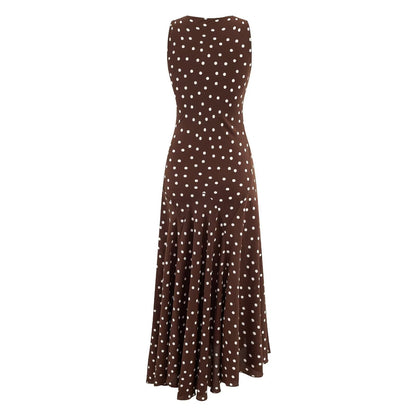 Mature Retro Square Collar Fitted Waist Polka Dots Dress Women Summer Sleeveless Slim Fitting Patchwork Irregular Asymmetric Polka Dot Maxi Dress by Ragazza
