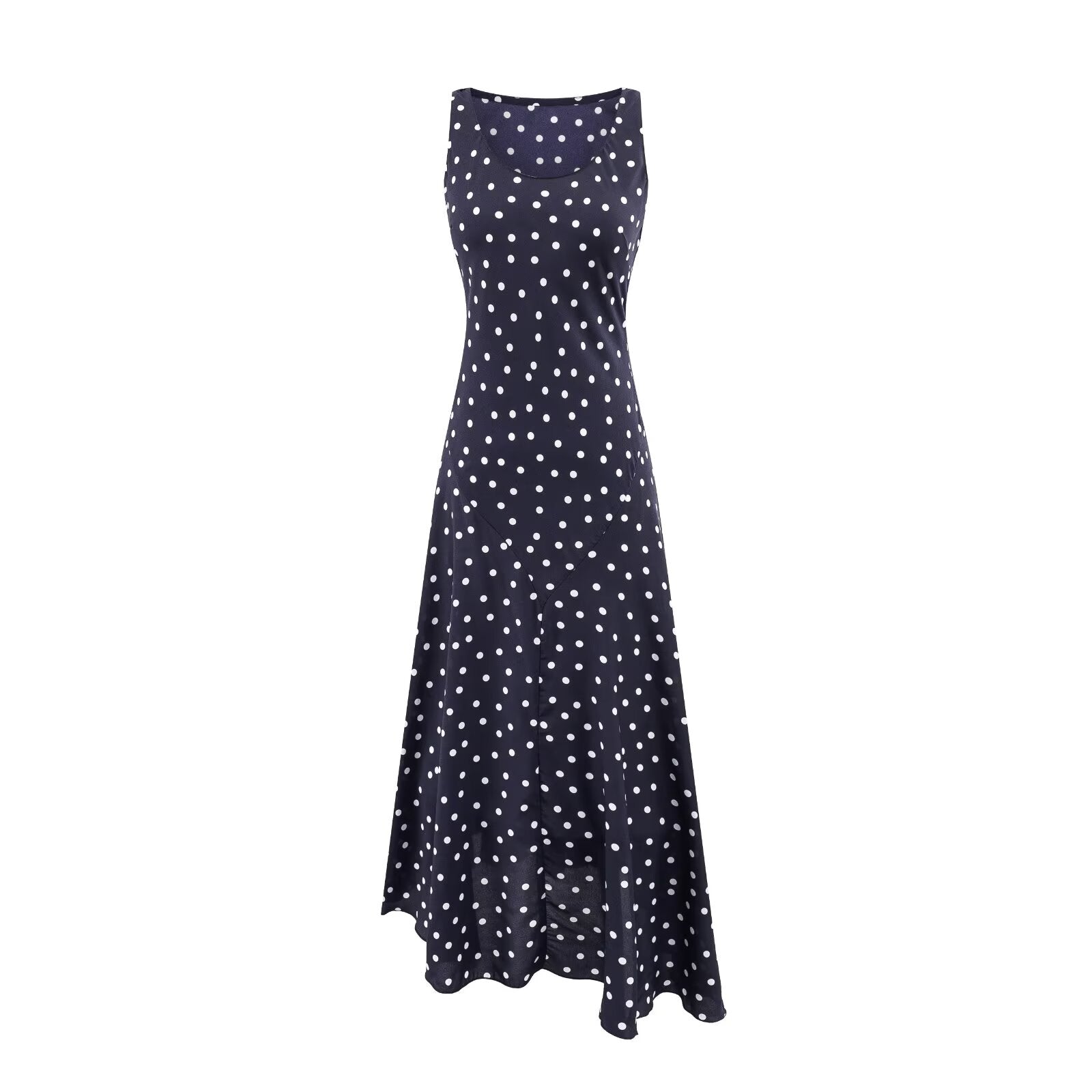 Mature Retro Square Collar Fitted Waist Polka Dots Dress Women Summer Sleeveless Slim Fitting Patchwork Irregular Asymmetric Polka Dot Maxi Dress by Ragazza