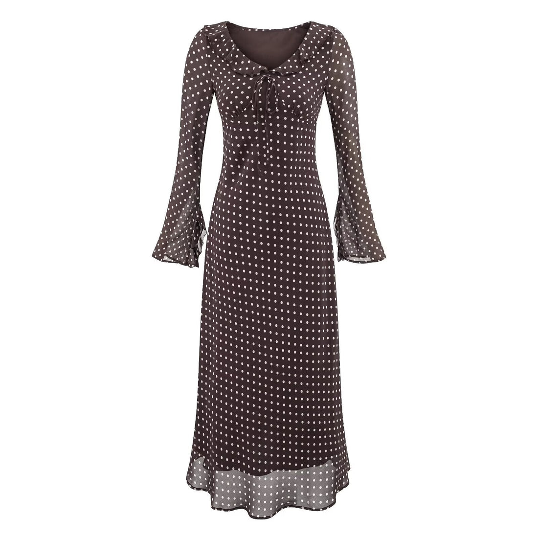 High Grade Polka Dot Printing Collared Lace up Split Cuff Dress Autumn Tight Waist Slim Fit Maxi Dress by Ragazza