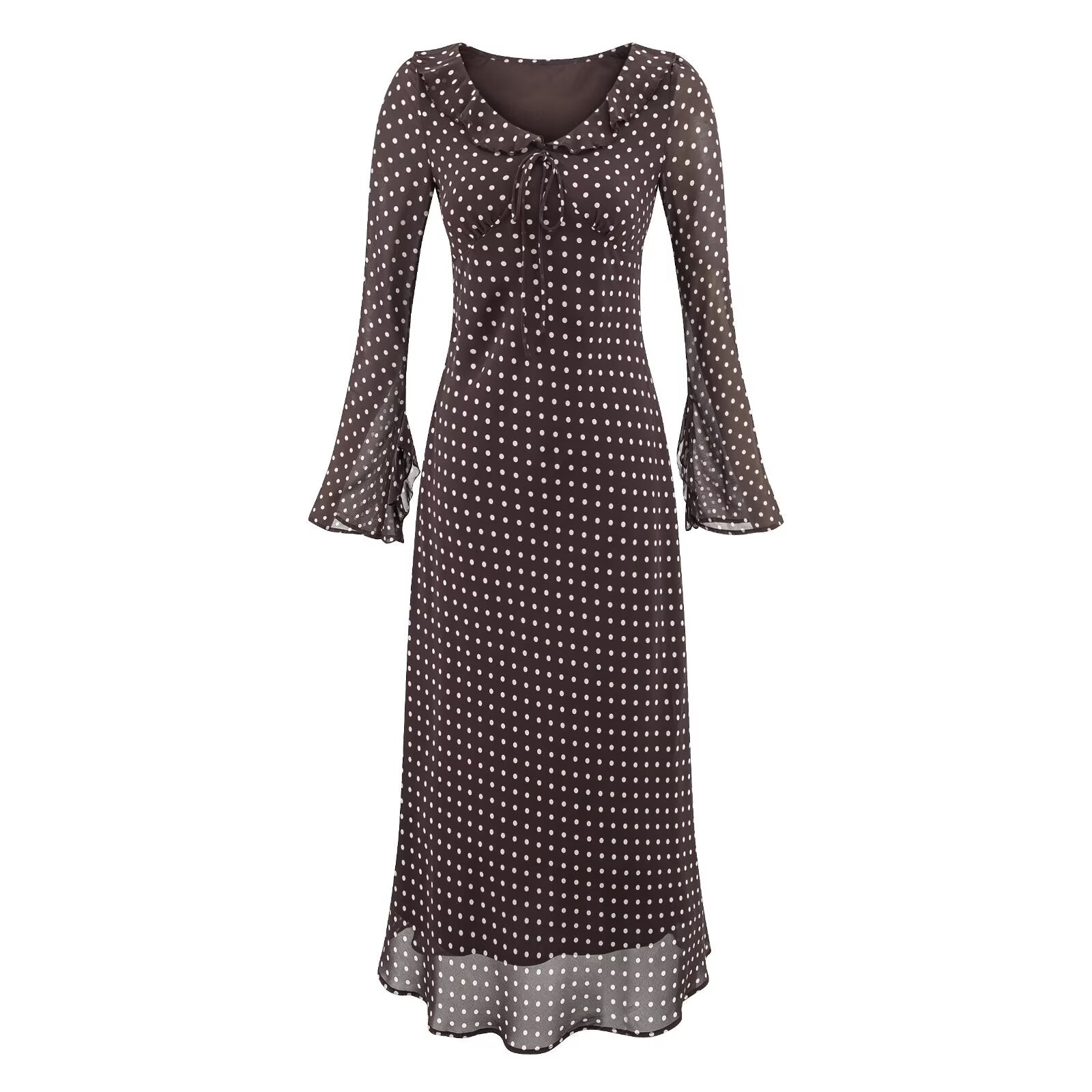 High Grade Polka Dot Printing Collared Lace up Split Cuff Dress Autumn Tight Waist Slim Fit Maxi Dress by Ragazza