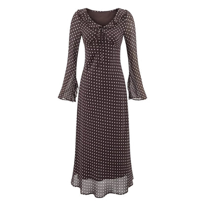 High Grade Polka Dot Printing Collared Lace up Split Cuff Dress Autumn Tight Waist Slim Fit Maxi Dress by Ragazza