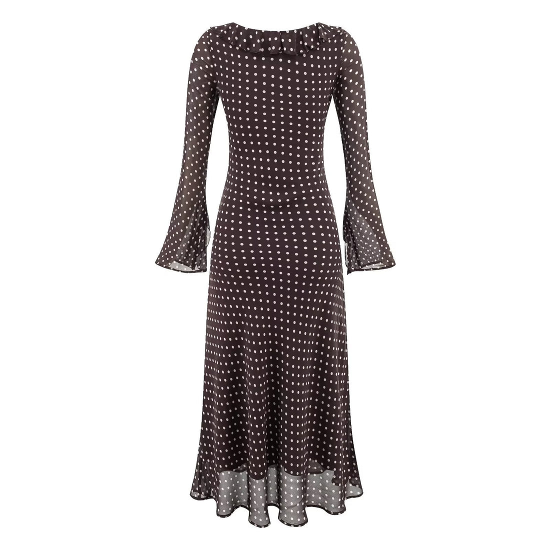High Grade Polka Dot Printing Collared Lace up Split Cuff Dress Autumn Tight Waist Slim Fit Maxi Dress by Ragazza